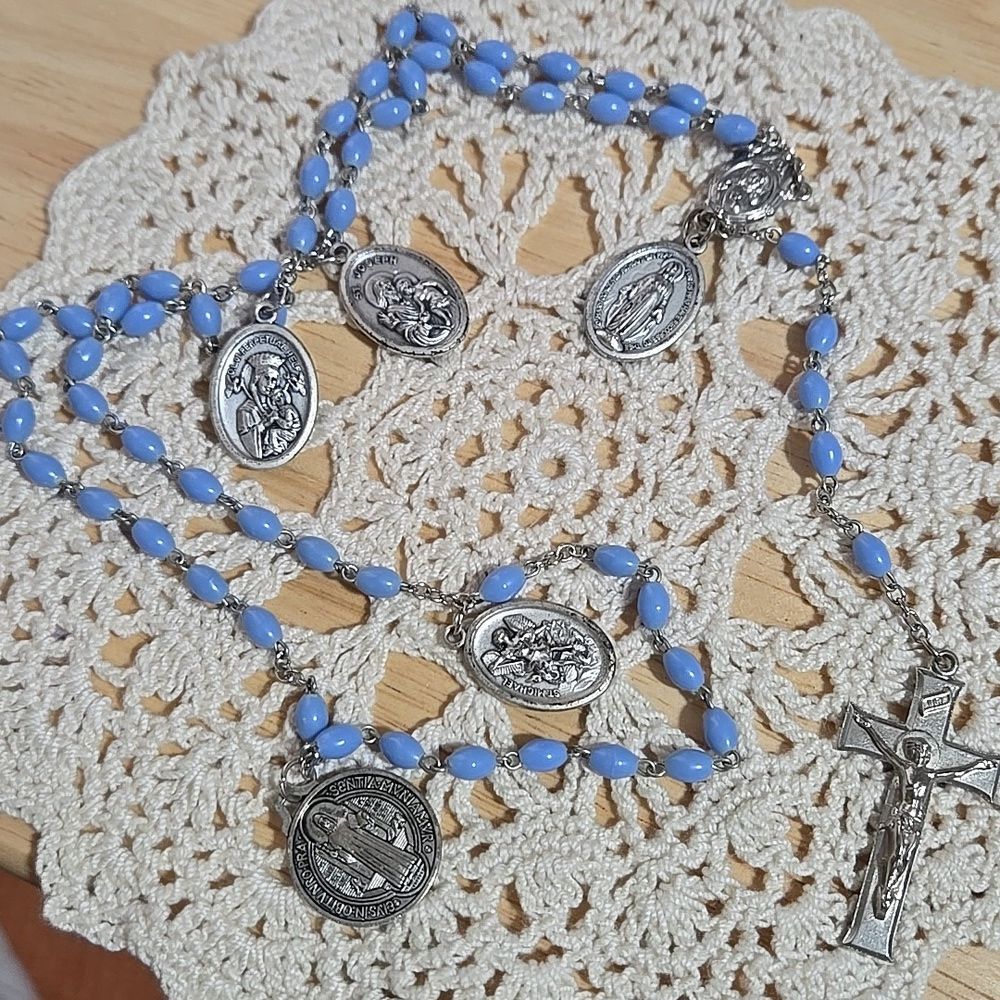 Silver Tone Blue Rosary Necklace Jewelry with extra charm medallions metals